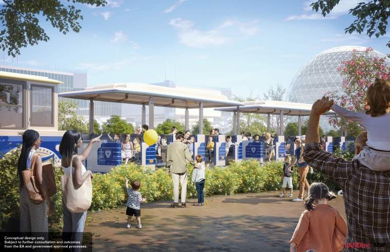 A rendering of a trolly at Ontario Place’s Mainland area.