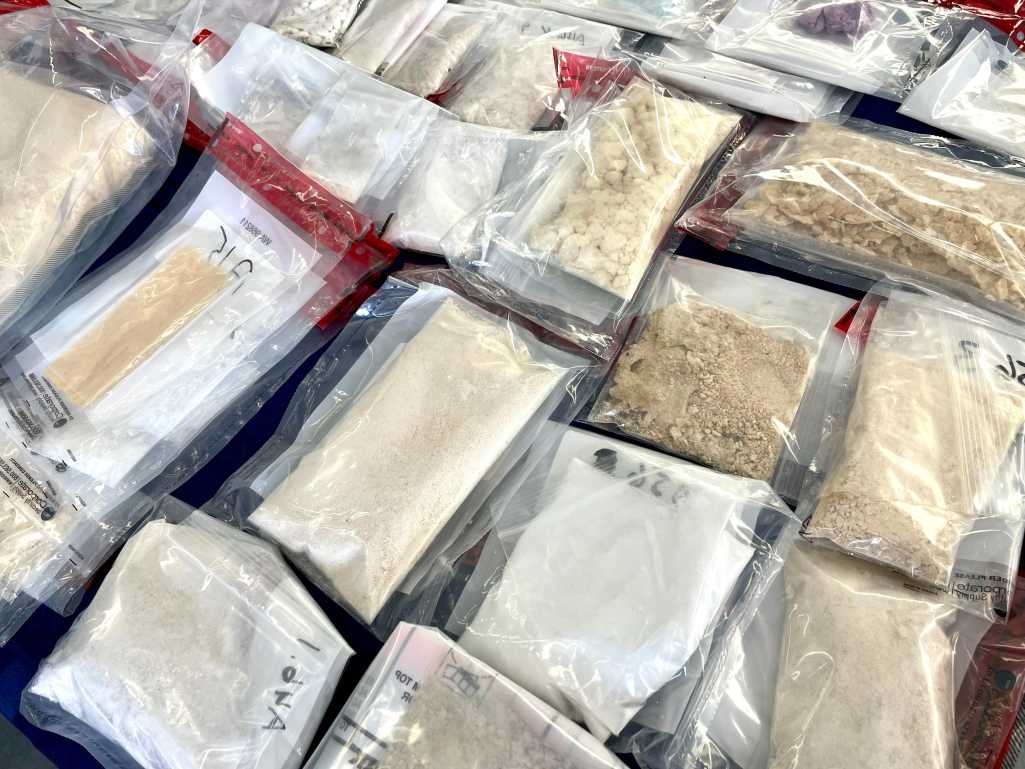 Suspected fentanyl, cocaine and methamphetamines seized in Coal Harbour and Richmond, B.C. drug busts in March 2023, are seen at the Vancouver Police Department's Glen Drive office on Wed. April 12, 2023.
