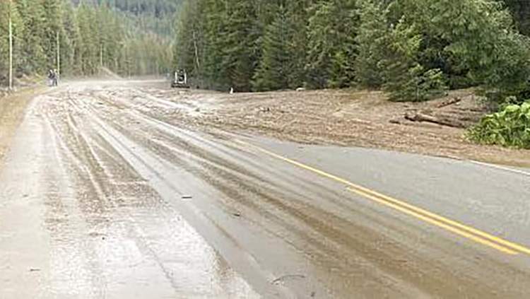 A photo showing a section of Highway 3 in B.C.'s Southern Interior that's closed due to a mudslide.
