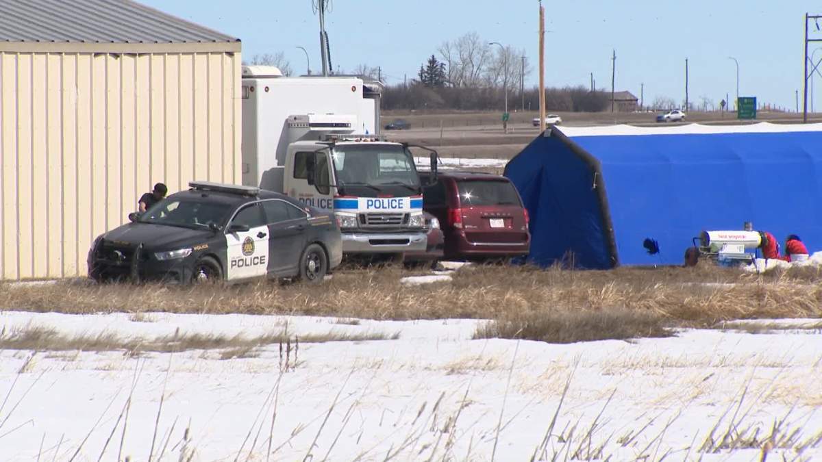 Calgary police vehicles are seen at an acreage east of Chestermere, Alta., on April 7, 2023.