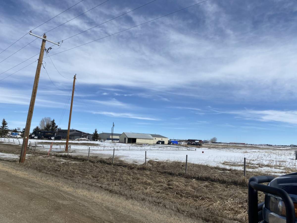 An acreage on Vale View Road east of Chestermere in Rocky View County, where police carried out a large forensic investigation in April 2023. Richard Robert Mantha was later charged with several crimes, including kidnapping and sexual assault.