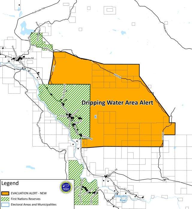 An evacuation alert has been issued by Cariboo Regional District for 46 parcels in Dripping Water Area.