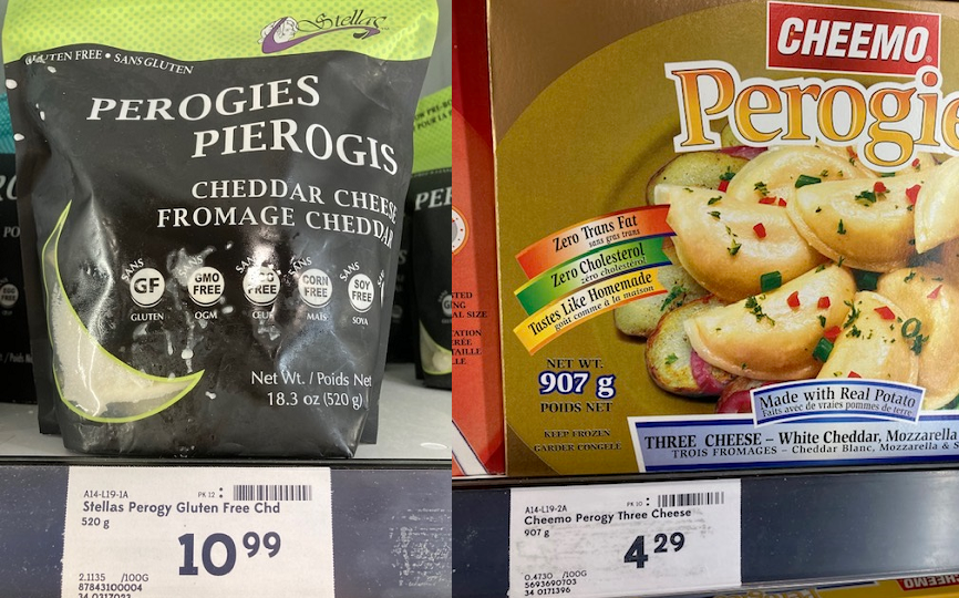 A simple meal like perogies costs $10.99 for people who need gluten-free. The regular ones cost $4.29 for almost double the amount.