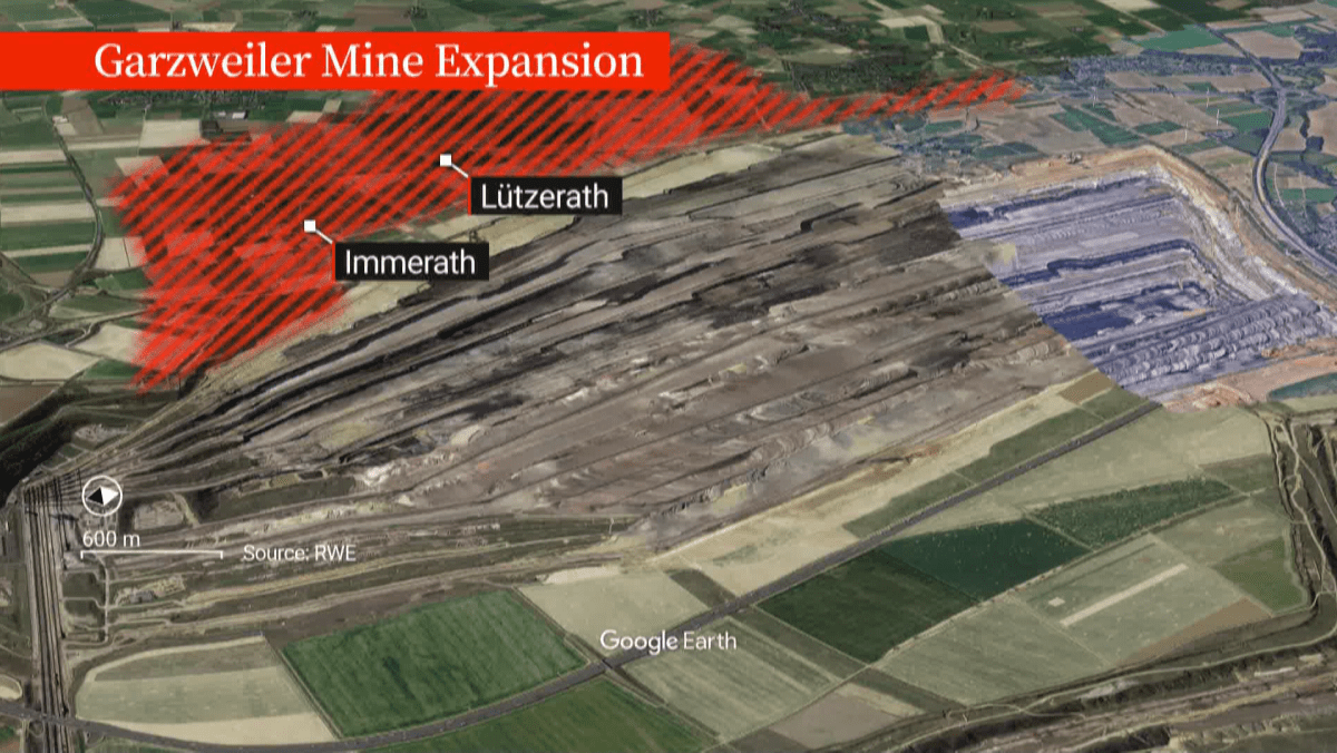 A map showing the area where German energy company RWE is expanding its Garzweiler lignite coal mine in western Germany, requiring the demolition of the villages of Immerath and Lützerath.