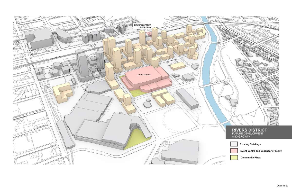 An artist's rendering of the new Calgary event centre and Rivers District. On April 25, 2023, the city announced a deal in principle with the Calgary Flames ownership group and the Alberta government.