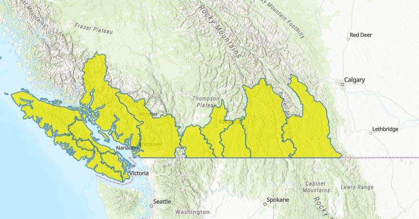 High-streamflow advisories were in effect for most of southern British Columbia on Monday.