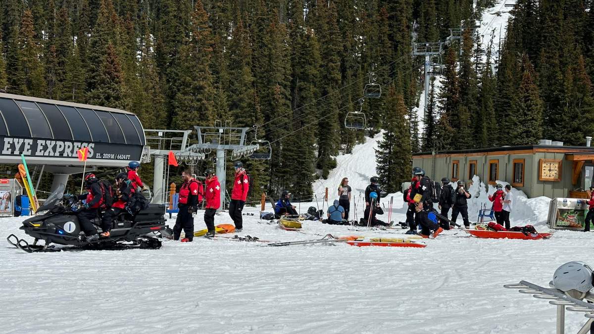 Search and rescue staff demobilize after a Class 2 avalanche at Sunshine Valley Ski Resort in Banff, Alta. April 29, 2023.