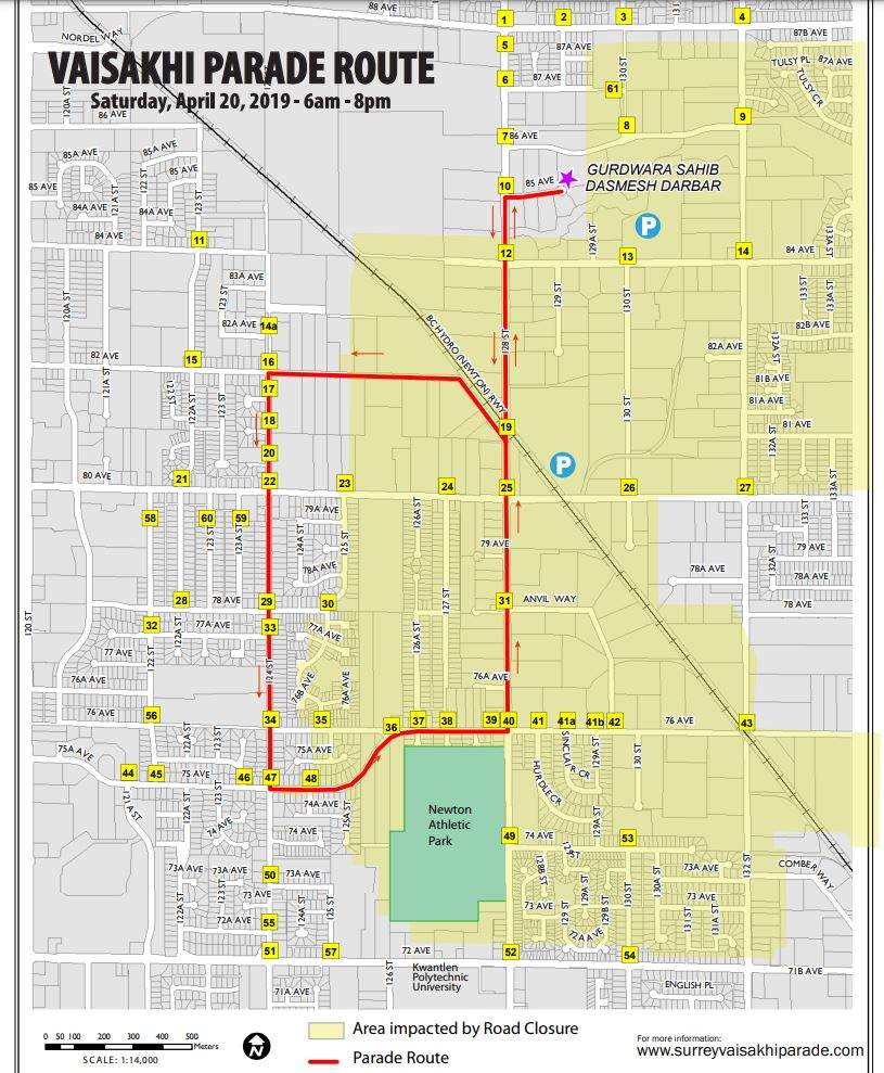 The 2023 Surrey Vaisakhi Parade route.