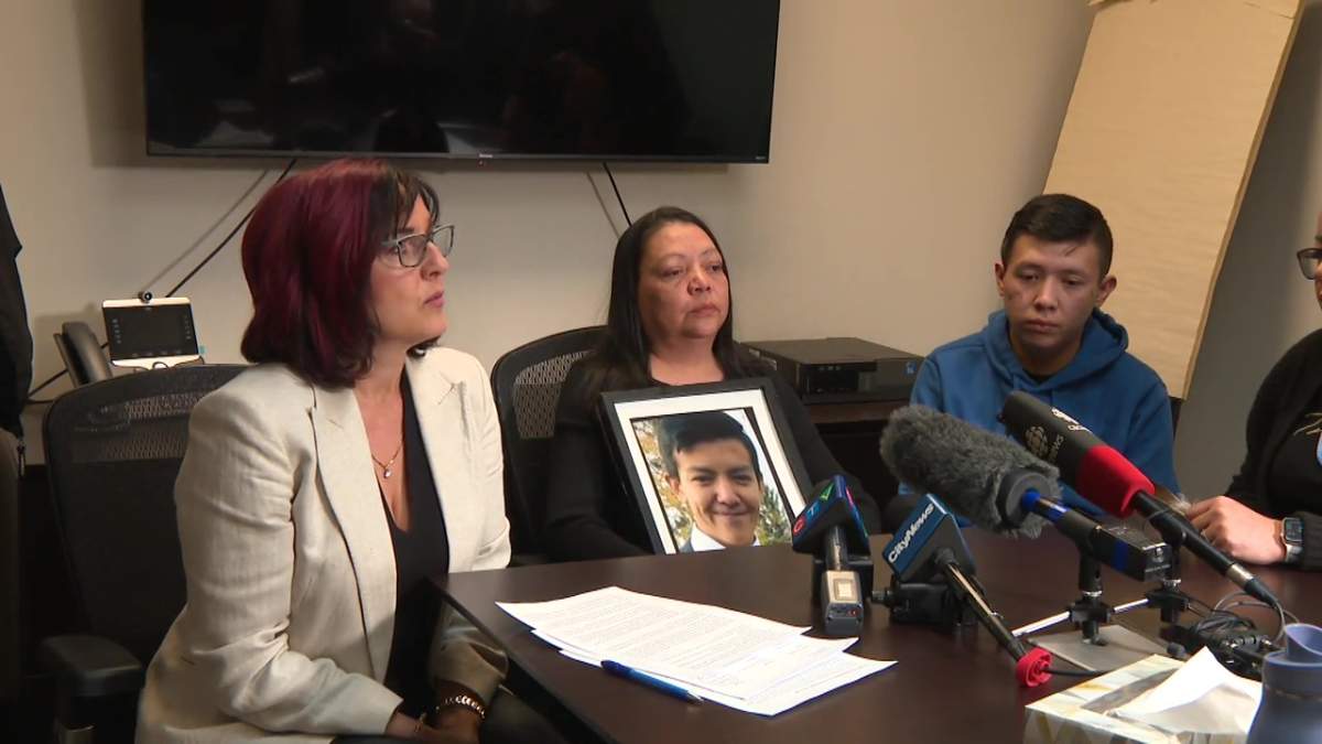 Heather Steinke-Attia (left) with Irene and Pacey Dumas at a news conference Friday, April 28, 2023.