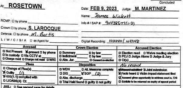 A court document showing Jim Wickett pleaded guilty to assault.