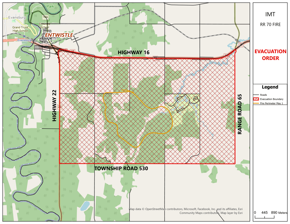 Parkland County wildfire evacuation map, May 2, 2023.