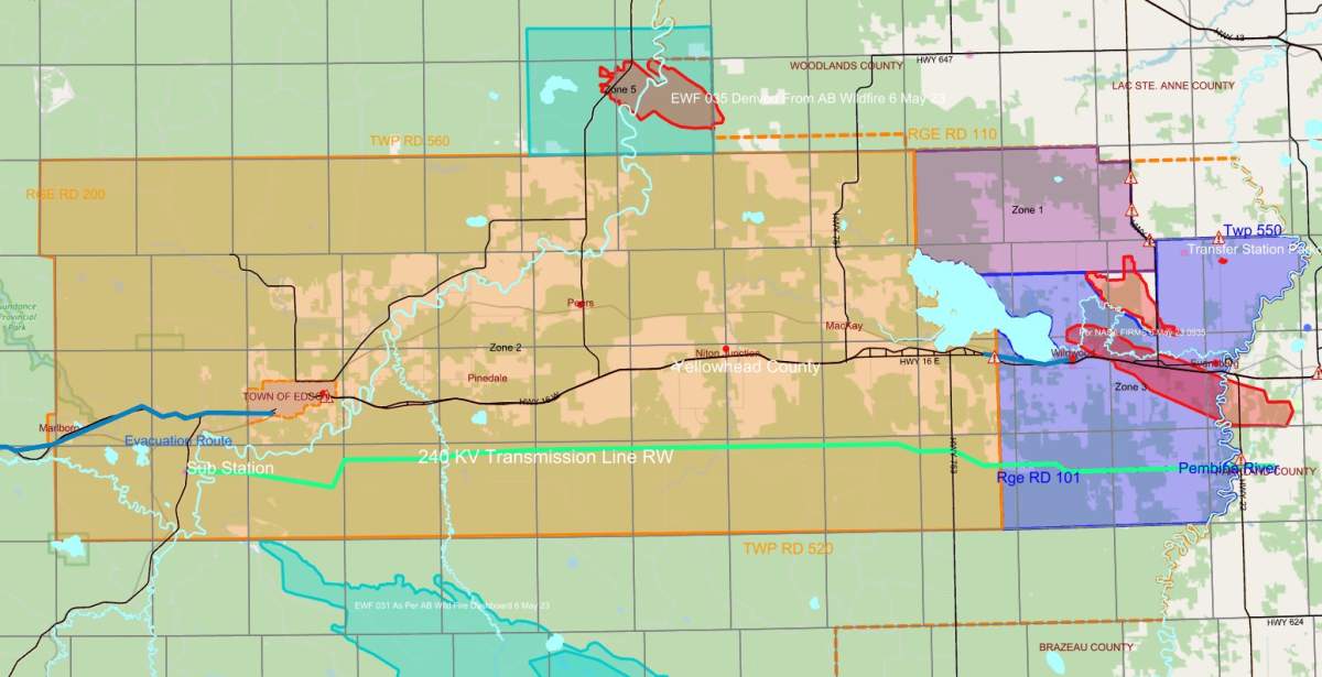 Edson wildfire evacuation and re-entry map, May 7, 2023.