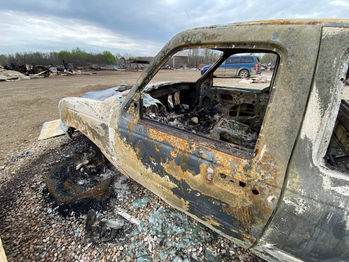 Wildfire damage near Shining Bank, in Yellowhead County, Alta., on May 8, 2023.