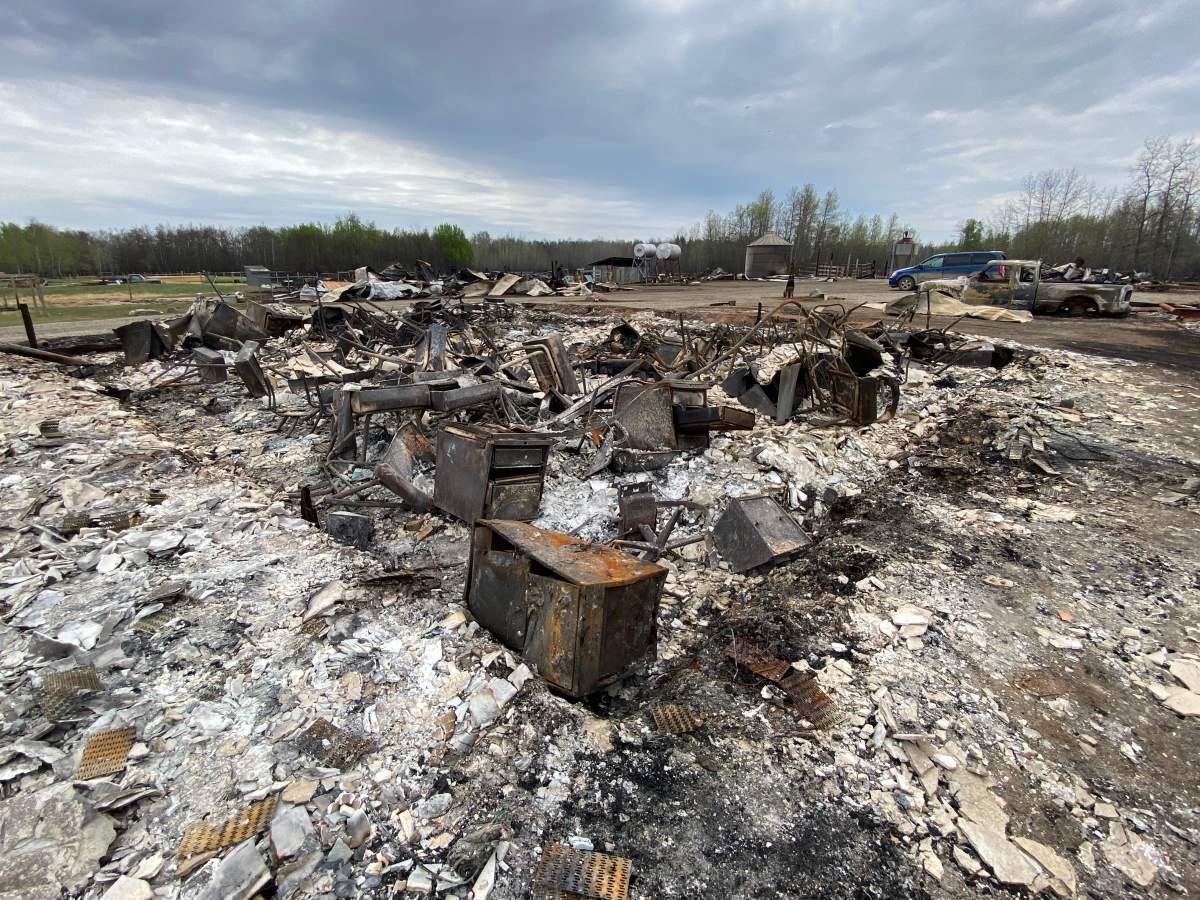 Wildfire damage near Shining Bank, in Yellowhead County, Alta., on May 8, 2023.