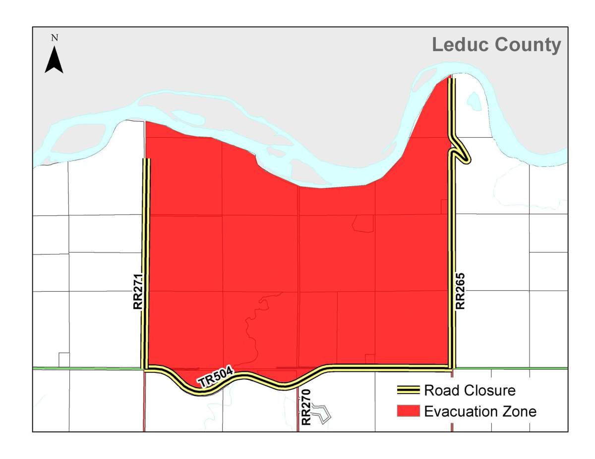 Evacuation zone for Leduc County due to a wildfire on May 13, 2023.