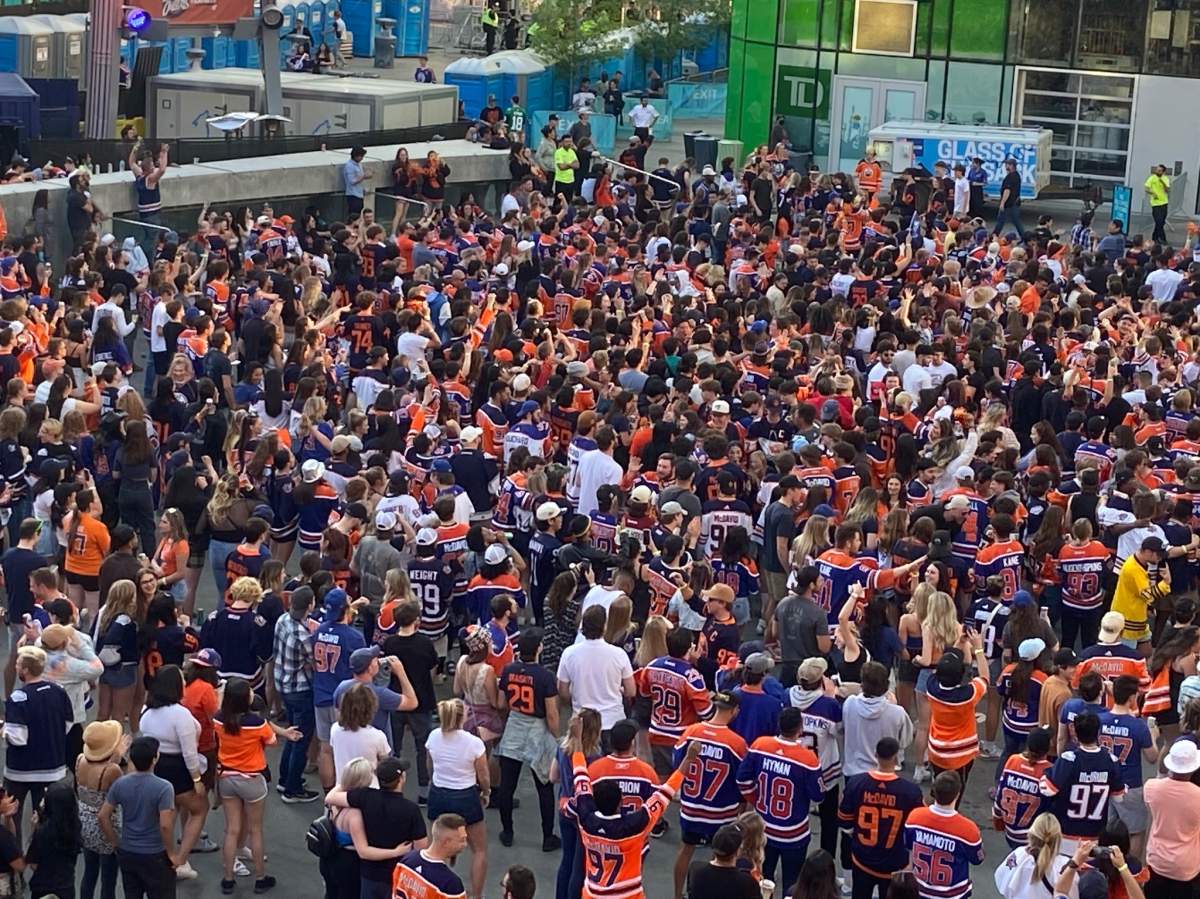Edmonton Oilers fans outside Rogers Place in Edmonton on May 14, 2023.