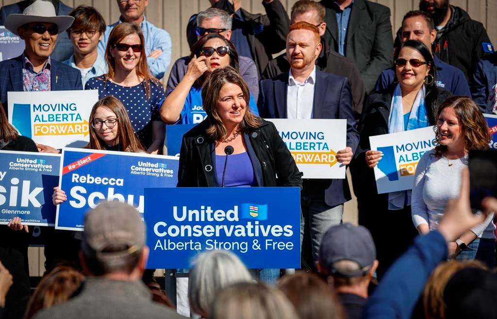 United Conservative Party leader Danielle Smith, centre, speaks at a campaign launch rally in Calgary on Saturday, April 29, 2023.