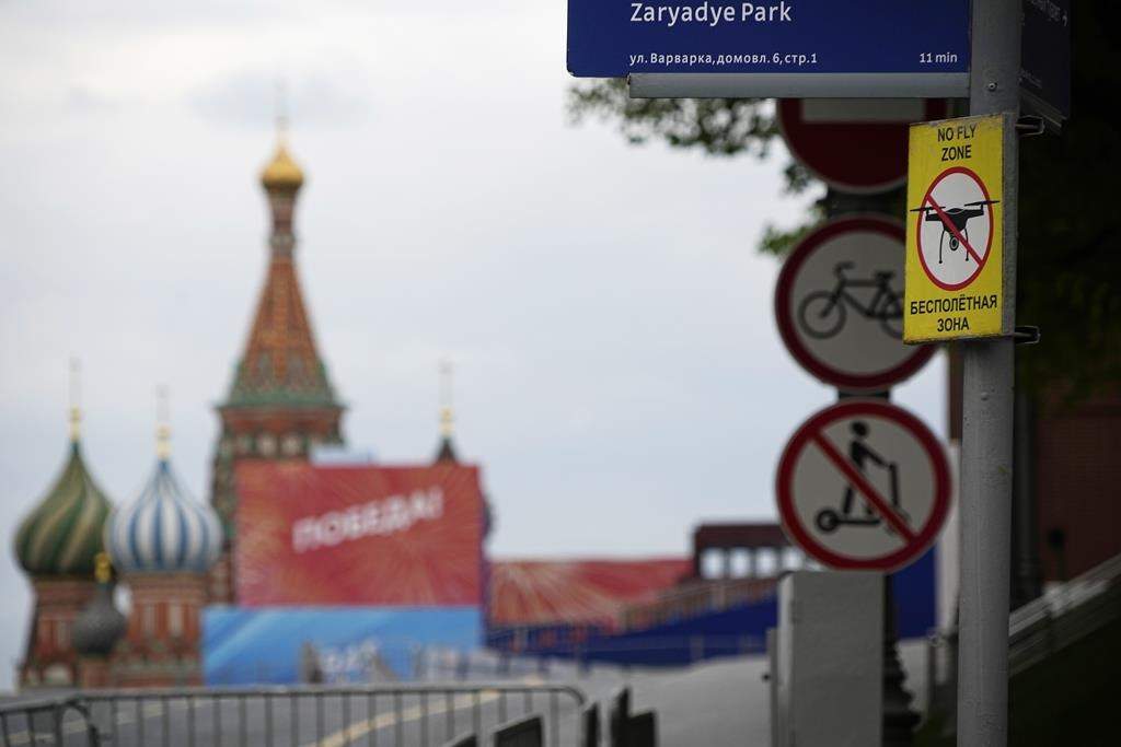 A ‘No fly zone’ sign is seen at the empty Red Square closed for Victory Parade preparation, next to the Moscow Kremlin, in Moscow, Russia, Wednesday, May 3, 2023. Russian authorities have accused Ukraine of attempting to attack the Kremlin with two drones overnight. The Kremlin on Wednesday decried the alleged attack attempt as a “terrorist act” and said Russian military and security forces disabled the drones before they could strike. (AP Photo/Alexander Zemlianichenko)