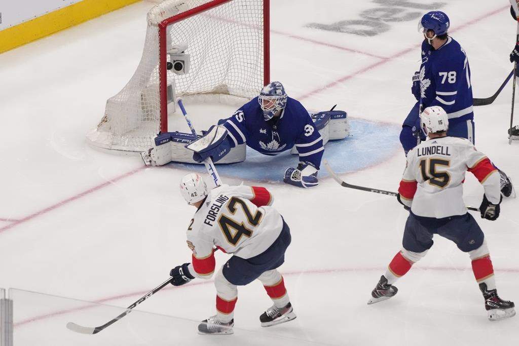 Florida Panthers defenceman Gustav Forsling (42) scores on Toronto Maple Leafs goaltender Ilya Samsonov (35) during second period NHL second round playoff hockey action in Toronto on Thursday May 4, 2023. THE CANADIAN PRESS/Chris Young