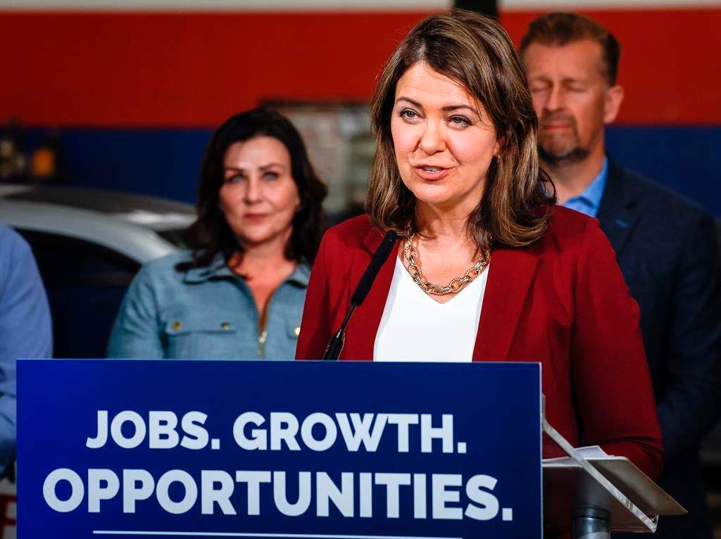Danielle Smith makes an election campaign announcement in Calgary, Thursday, May 4, 2023.