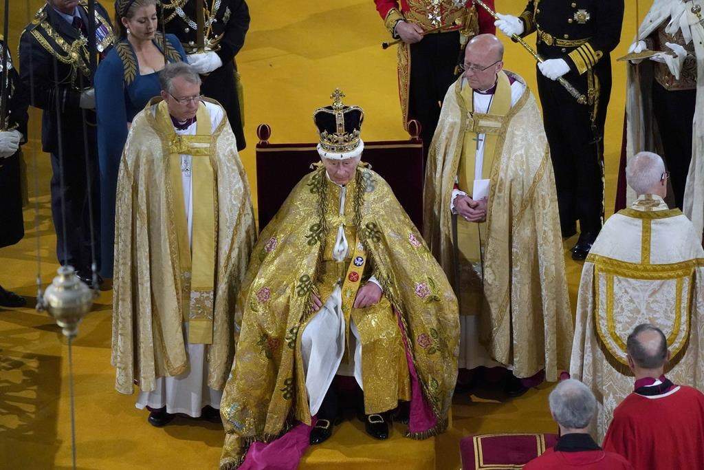 King Charles III wearing the St Edward’s Crown during the coronation ceremony at Westminster Abbey, in London, Saturday May 6, 2023. (Andrew Matthews/Pool via AP)