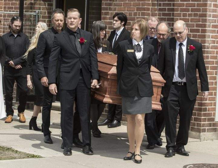 Family members carry the casket of singer-songwriter Gordon Lightfoot after a funeral service at St. Paul’s United Church, in his hometown of Orillia, Ont., Monday, May 8, 2023. The legendary Canadian artist died May 1, at the age of 84 from natural causes.