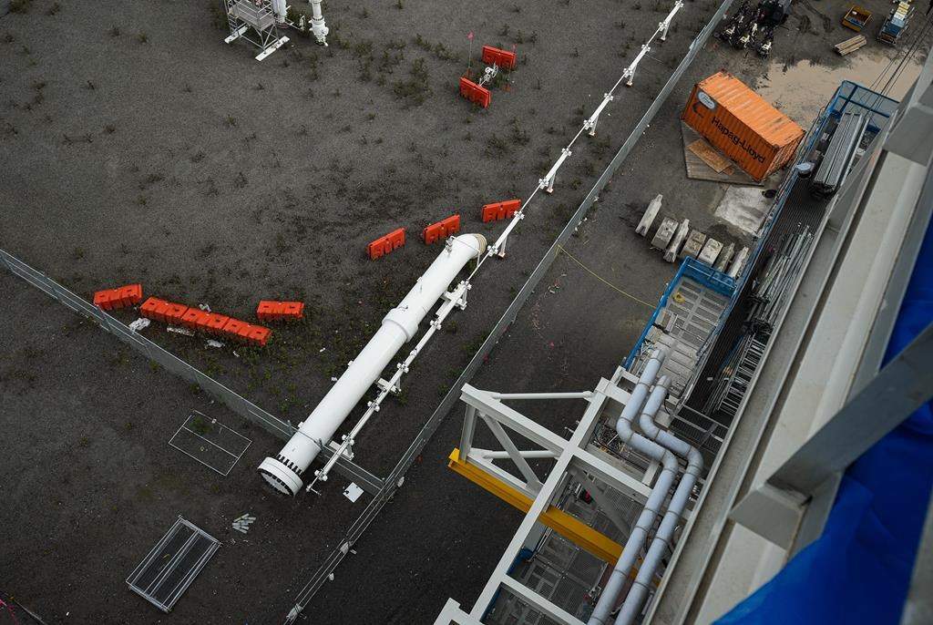 The terminus for the Coastal GasLink natural gas pipeline is seen at the LNG Canada export terminal under construction in Kitimat, B.C., on Wednesday, September 28, 2022.