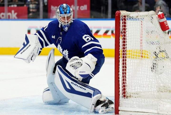 Toronto Maple Leafs goaltender Joseph Woll (60) watches the play after losing his stick against the Columbus Blue Jackets during third period NHL hockey action in Toronto on Tuesday, April 4, 2023. Joseph Woll isn’t thinking about all the work that got him to this point. All the Maple Leafs rookie goaltender is focusing on is keeping his team’s season alive.