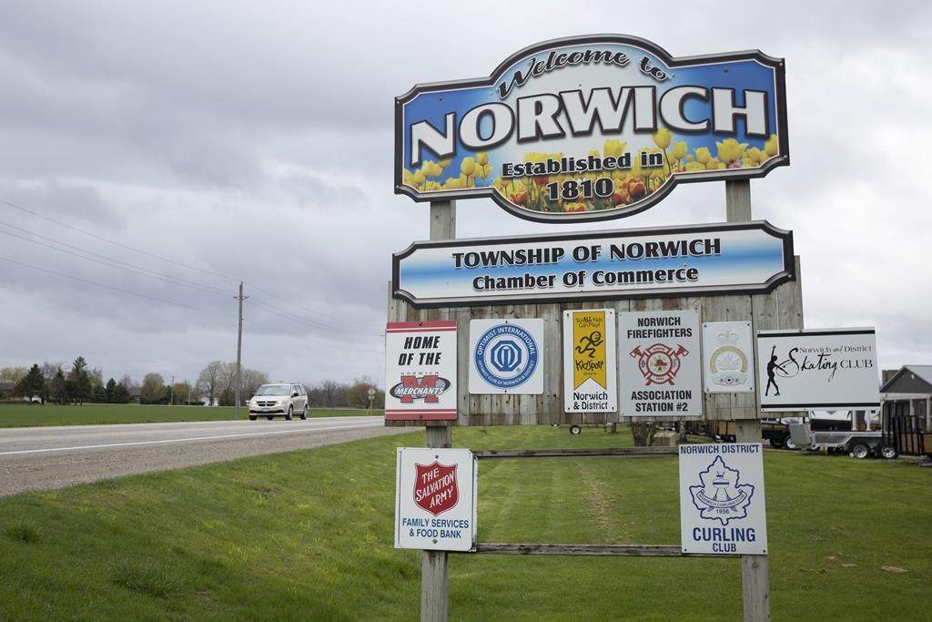 A welcome sign is shown in Norwich, Ont., on Wednesday, May 3, 2023. The southern Ontario township voted last month to prohibit Pride flags on municipal property. THE CANADIAN PRESS/Nicole Osborne