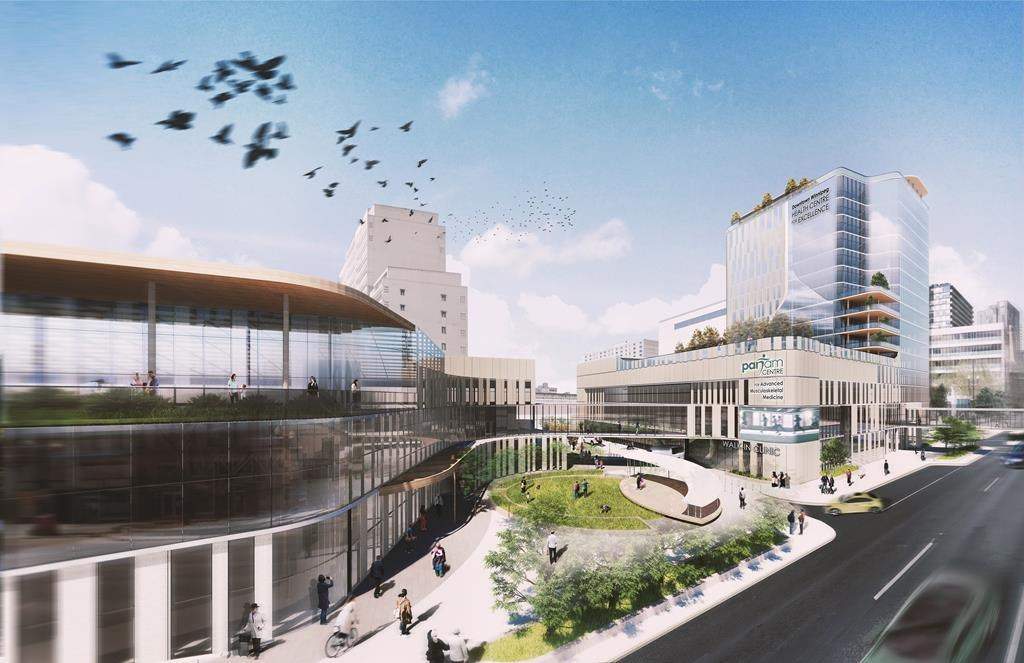 A drawing of a planned revitalization of the Portage Place shopping centre in downtown Winnipeg is shown in this slide provided by True North Real Estate Development on Friday, May 12, 2023. The company plans to buy the current mall and convert it into a complex that would include health care services, housing, culture and entertainment programming, and a limited number of retail stores. THE CANADIAN PRESS/HO-True North Real Estate Development 
**MANDATORY CREDIT**.