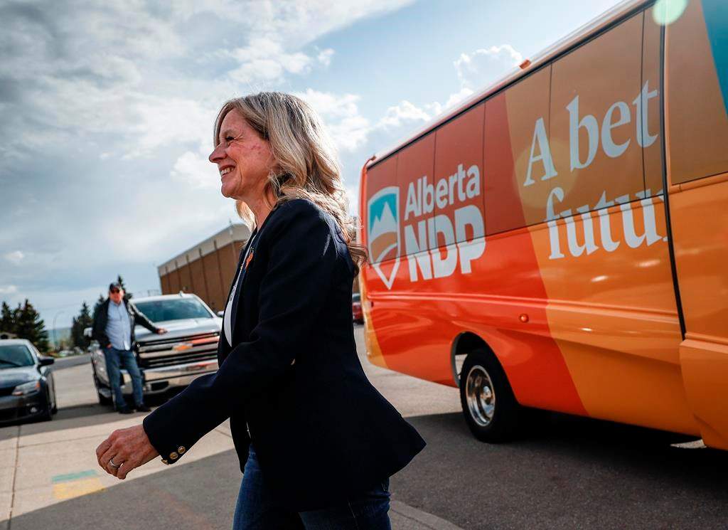 Alberta NDP Leader Rachel Notley arrives at a campaign rally in Calgary, Alta., Thursday, May 11, 2023. Alberta's NDP has released a fully costed economic plan that shows it would have a $3.3-billion surplus over three years if elected on May 29. 