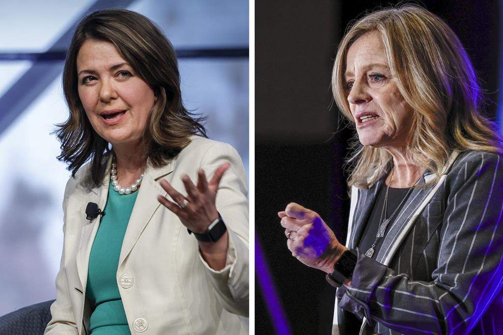 As the Alberta election campaign heads into its final days, business groups are warning that increased divisiveness and political extremism poses a threat to the province's economic future. "We're worried about societal and political polarization, overall. It seems to be a feature that has crept into North American politics," said Adam Legge, president of the Business Council of Alberta, in an interview. This compilation photo shows Premier Danielle Smith (left) as she speaks at an economic forum in Calgary, Alta., Tuesday, April 18, 2023 and NDP Opposition Leader Rachel Notley as she addresses the Calgary Chamber of Commerce on Thursday, Dec. 15, 2022.