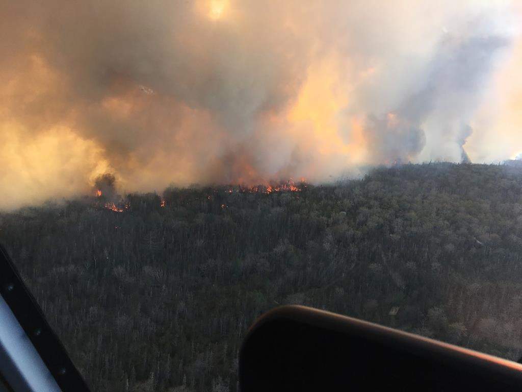 The wildfire at Barrington Lake, Shelburne Co. Nova Scotia, shown in this hand-out image. Hot, dry and windy conditions are making fire suppression challenging.