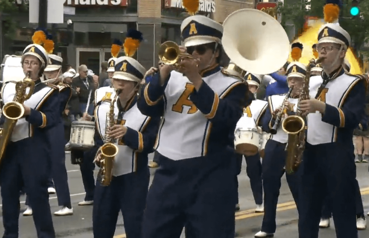 Members of the Aberdeen High School band from Aberdeen, WA perform at the Victoria Day parade May 22, 2023.