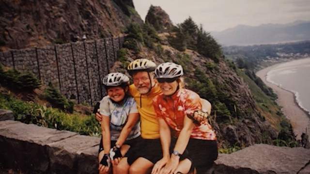 Carole (L), Alan (C) and friend on a biking trip