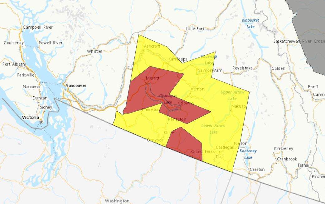A map showing the location of a severe thunderstorm watch (yellow) and a severe thunderstorm warning (red) issued for B.C.’s Southern Interior on Saturday, May 20, 2023.