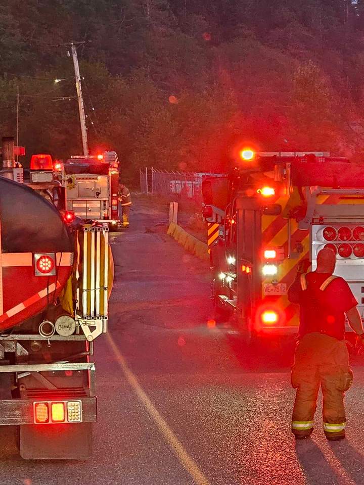 Port McNeill Fire Rescue on the scene of the fire at the world's largest burl, which was badly burned in a fire.
