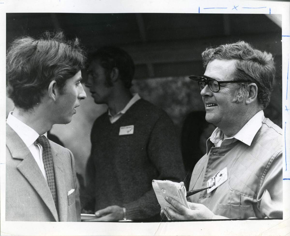 Prince Charles speaking with a local journalist in Baker’s Narrows. Courtesy / University of Manitoba Archives & Special Collections