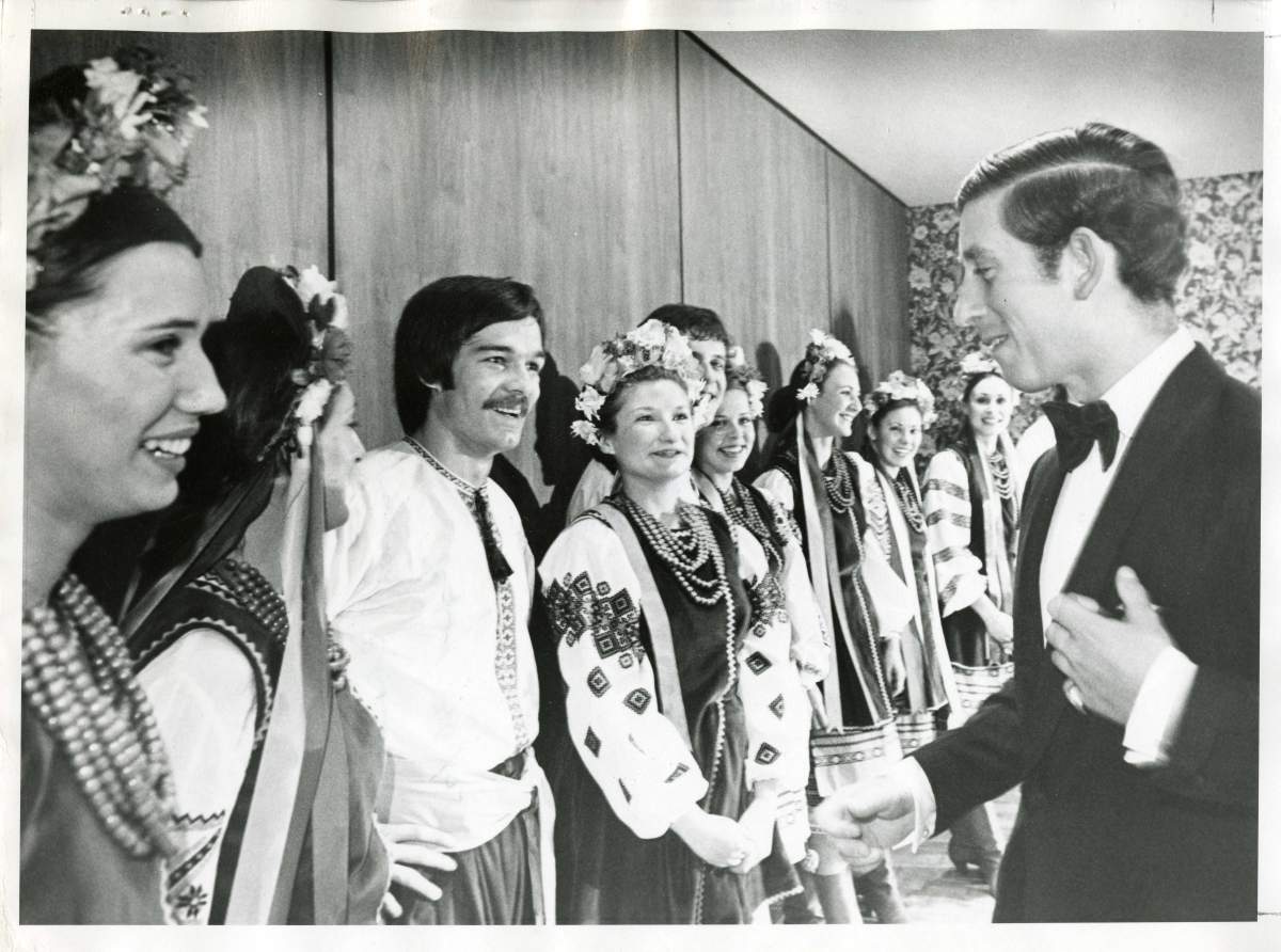 Prince Charles greeting Rusalka dancers at Government House. Courtesy / University of Manitoba Archives & Special Collections