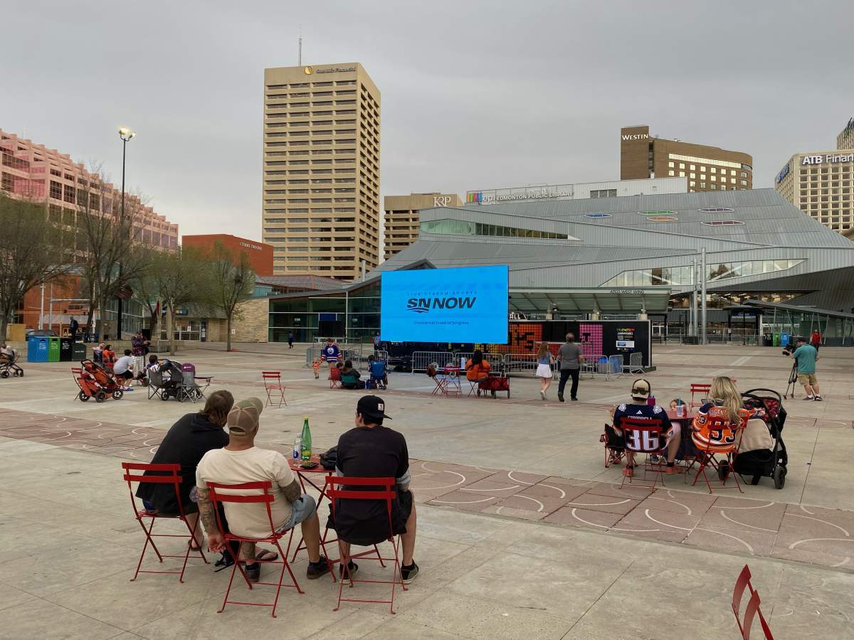 People attending the Churchill Square Edmonton Oilers watch party on Wednesday, May 3, 2023.