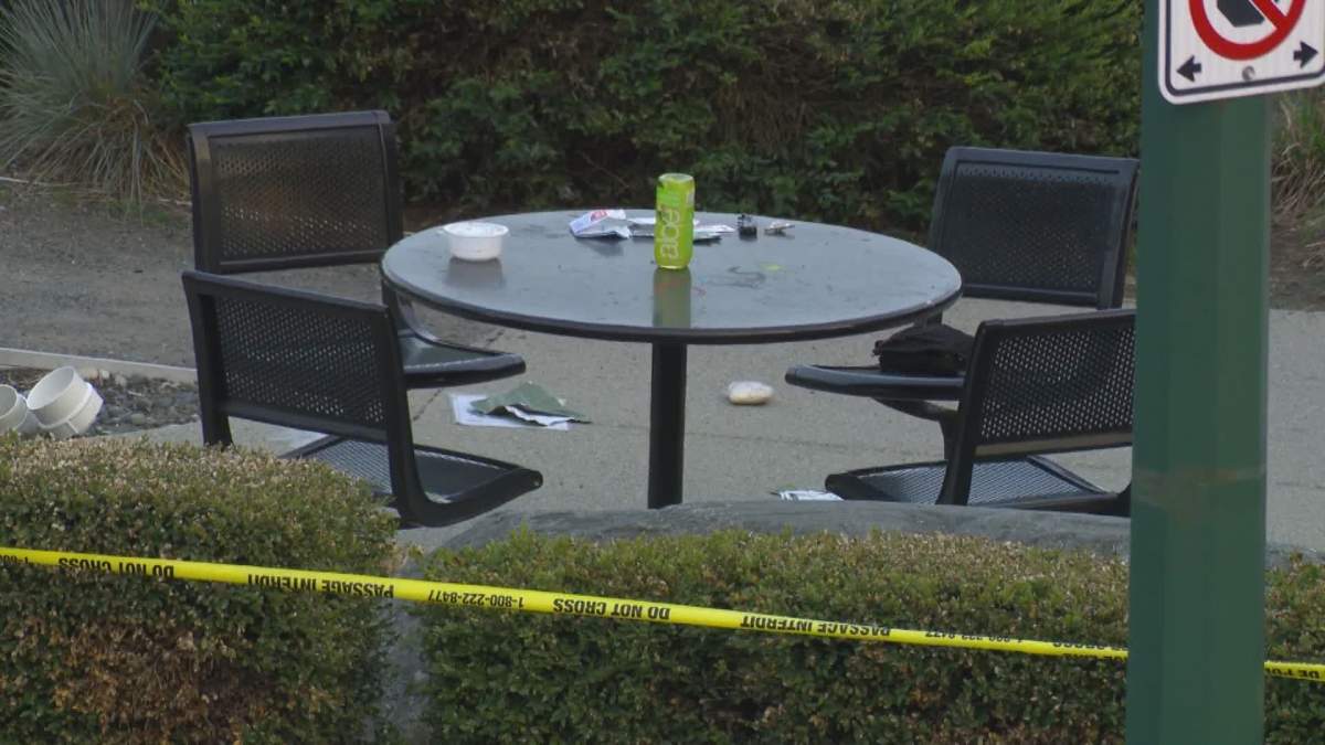 A table outside Hiraku Sushi was a key point of police attention after the reports of shots fired around 7 p.m. Mutiple people told Global News they were inside nearby businesses and not allowed to leave for a time.
