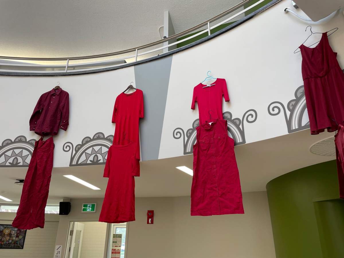 Dozens of red dresses were hung in the Wampum Learning Lodge on Western University’s campus to honour the National Day of Awareness for Missing and Murdered Indigenous Women, Girls and Two-Spirit People on May 5, 2023.