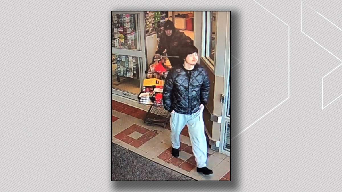 A photo of two suspects believed to have stolen groceries and assaulted a man outside a store near Castledowns Road and 153 Avenue in north Edmonton on Wednesday, Feb. 8, 2023.