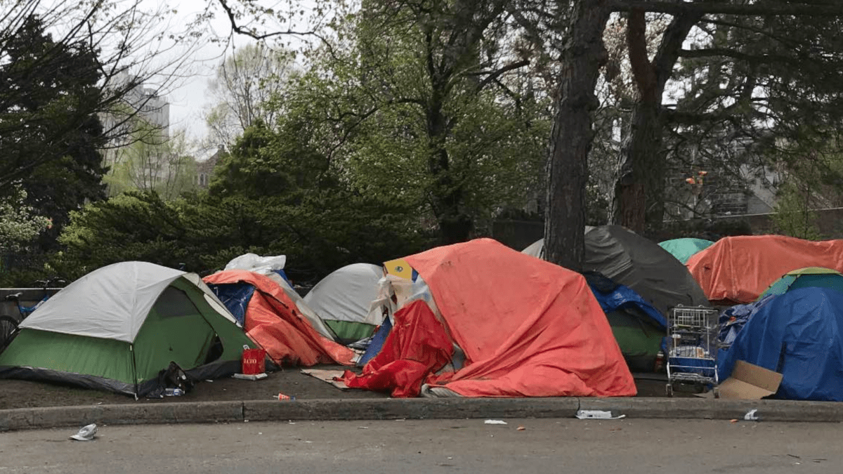 A picture from May 5, 2023 of an encampment near city hall in Hamilton.