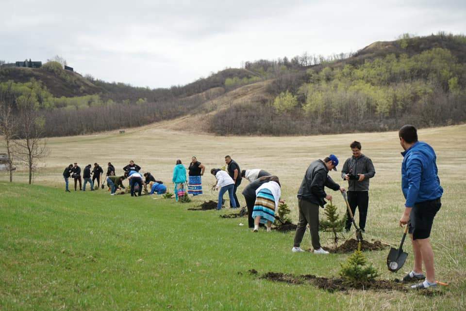 Leaders, Indigenous language speakers and elders from the FHQTC gathered to support youth from File Hills who planted trees as a symbol of growing and reclaiming their languages.