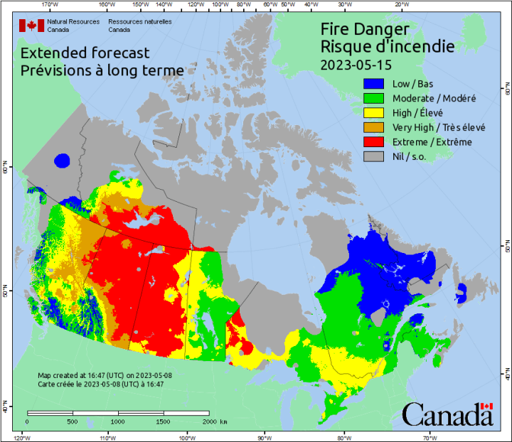 Fire danger forecast for Monday, May 15 2023