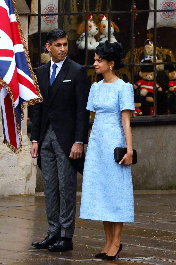 Britain's Prime Minister Rishi Sunak and wife of Britain's Prime Minister Rishi Sunak Akshata Murty arrive at Westminster Abbey in central London on May 6, 2023, ahead of the coronations of Britain's King Charles III and Britain's Camilla, Queen Consort.