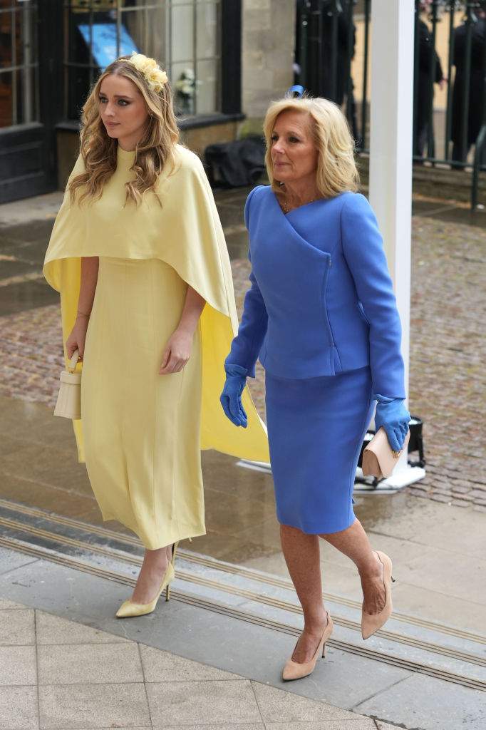 U.S. first lady Jill Biden and her granddaughter Finnegan Biden arrive at Westminster Abbey ahead of the Coronation of King Charles III and Queen Camilla on May 6, 2023 in London, England.