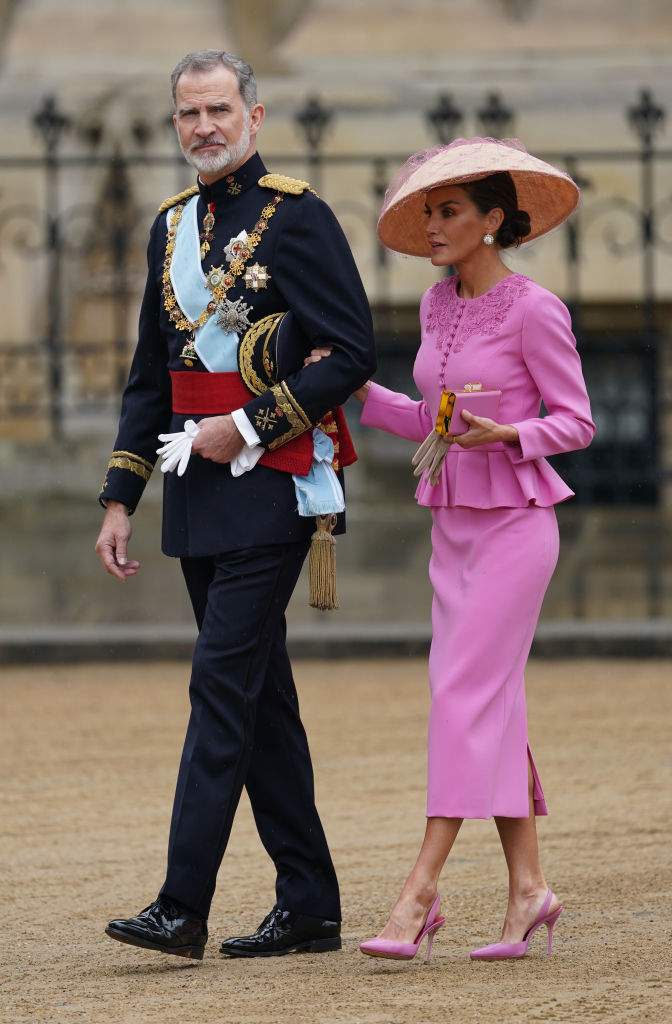 King Felipe VI and Queen Letizia of Spain arriving at Westminster Abbey, London, ahead of the coronation of King Charles III and Queen Camilla on Saturday.