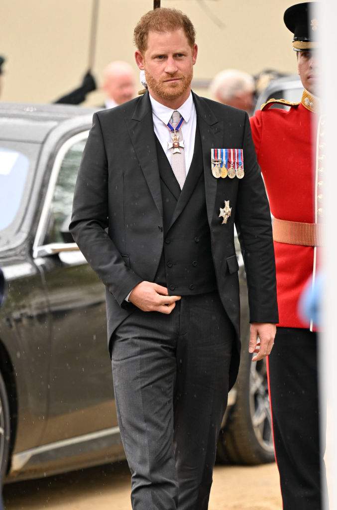 Prince Harry, Duke of Sussex arrives for the Coronation of King Charles III and Queen Camilla at Westminster Abbey on May 6, 2023 in London, England.